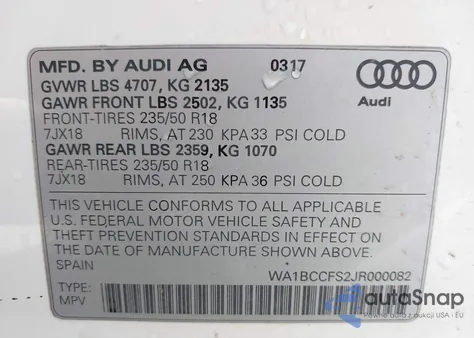 2018 Audi Q3 2.0T Premium/2.0T Sport Premium из США, поврежденный, VIN WA1BCCFS2JR000082